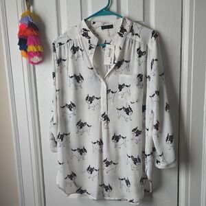 NWT Cals White Blouse with FRENCH BULLDOG Dog Print